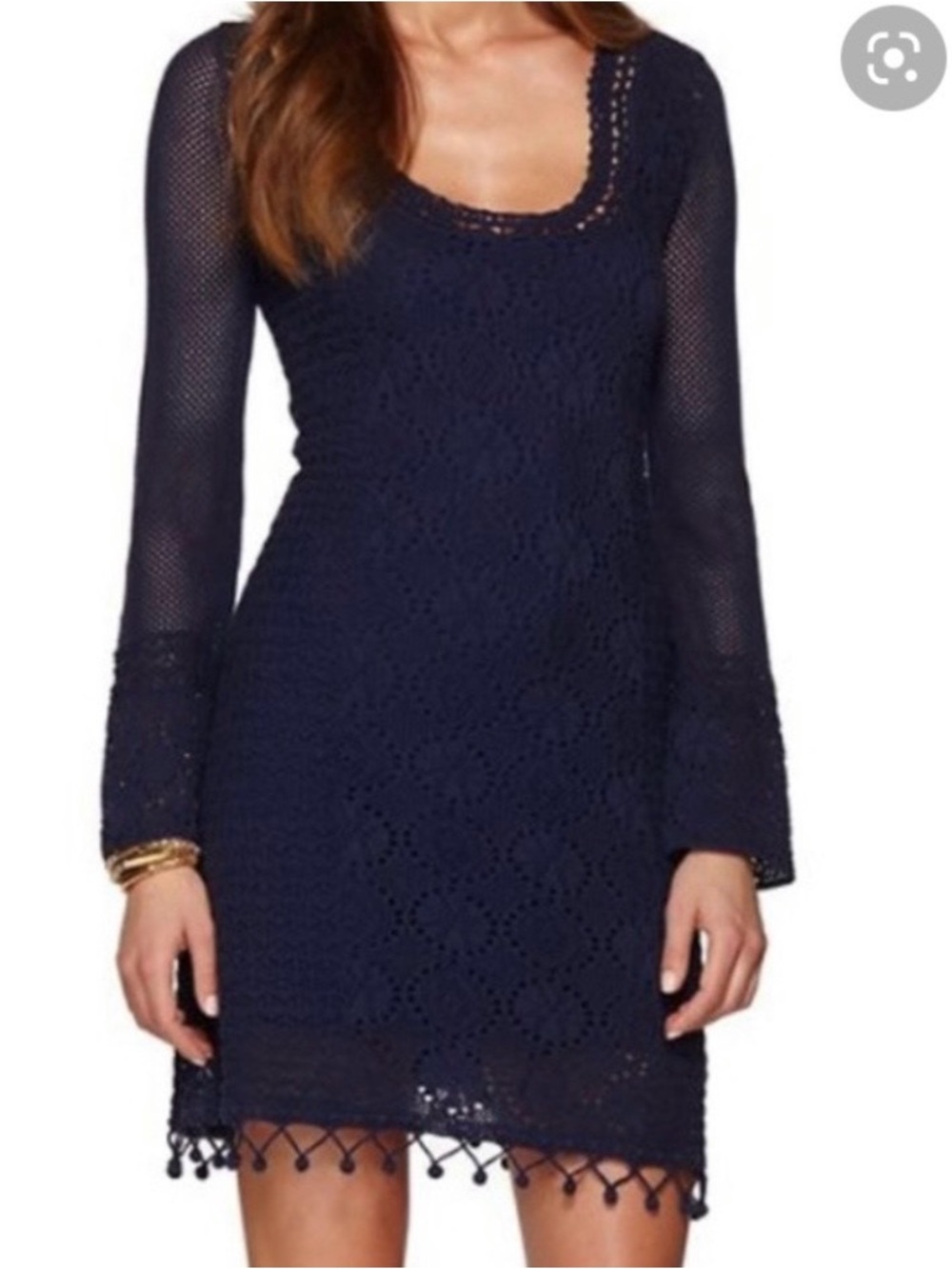 Lilly Pulitzer Athena Navy Blue Crochet Knit  Crochet Long-Sleeve Dress